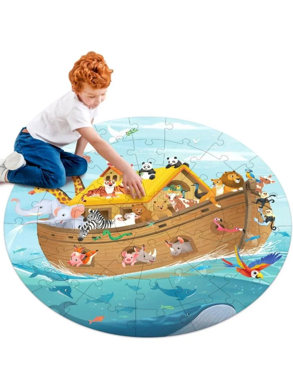 Wooden Noah's Ark Puzzle - 48 Piece Round Jigsaw for Kids 3-8, Educational